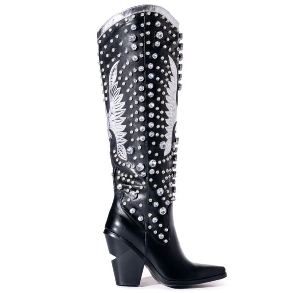 AZALEA WANG Upbeat Black Jeweled Rhinestone Tall Western Cowboy Boots 7-11 NWT - Picture 4 of 14